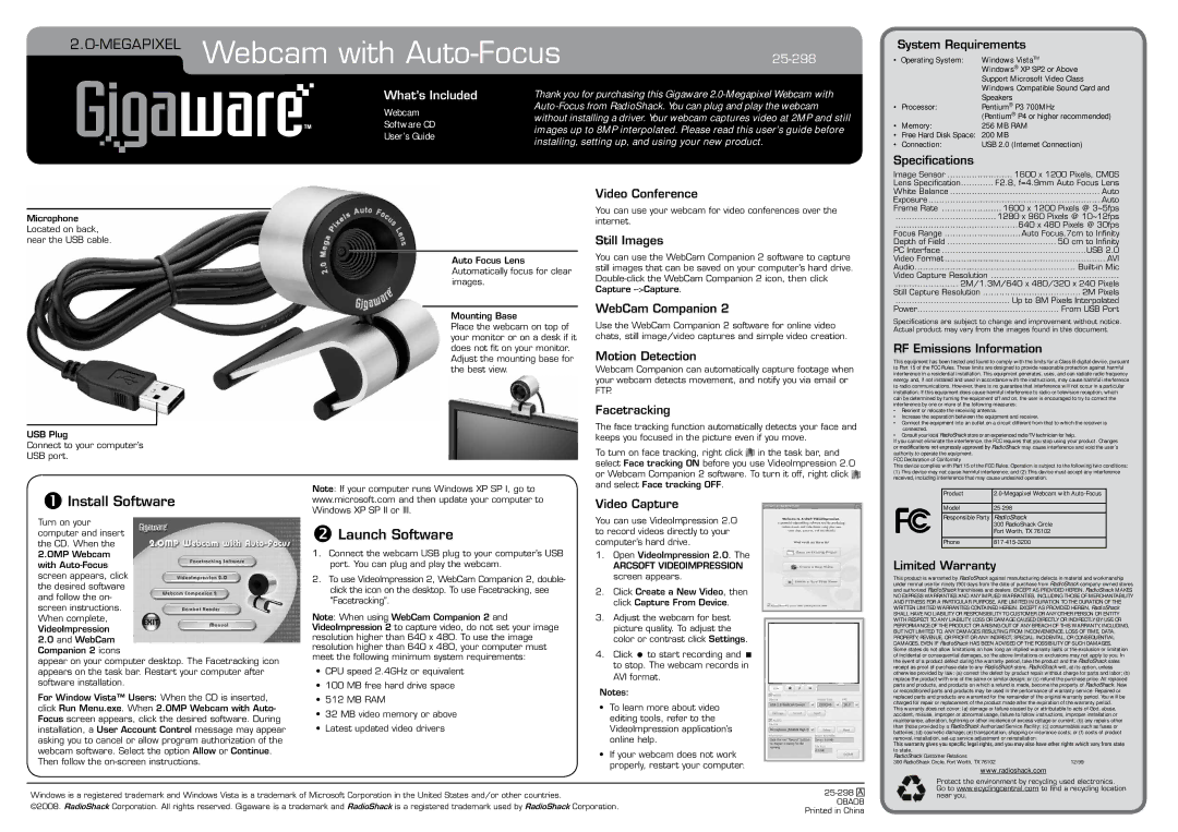 Radio Shack 25-298 specifications NInstall Software, Launch Software 