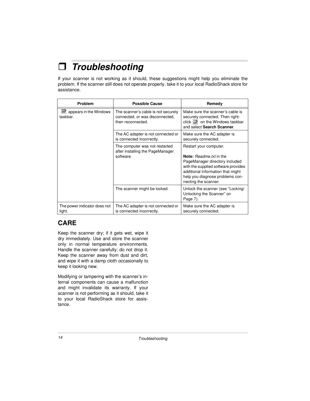 Radio Shack 25-3053 owner manual Troubleshooting, Care 