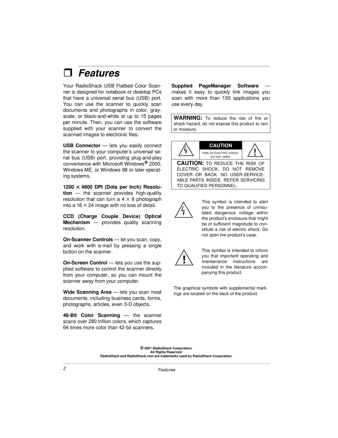 Radio Shack 25-3053 owner manual Features, Scanner away from your computer 