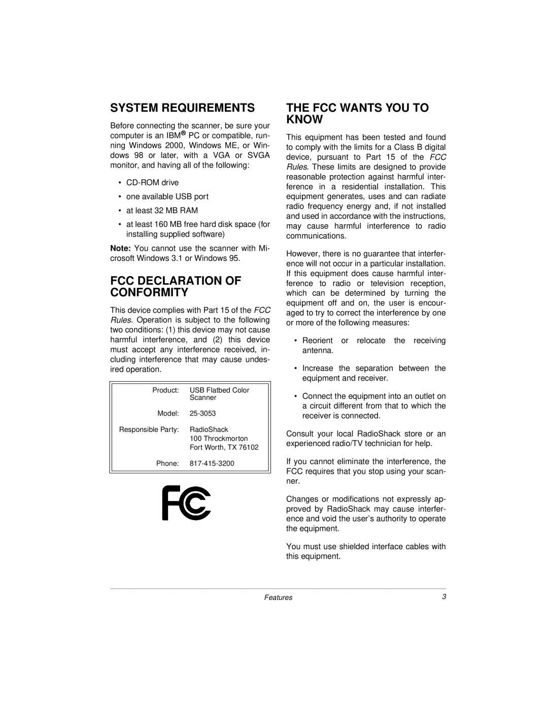 Radio Shack 25-3053 owner manual System Requirements, FCC Declaration of Conformity, FCC Wants YOU to Know 