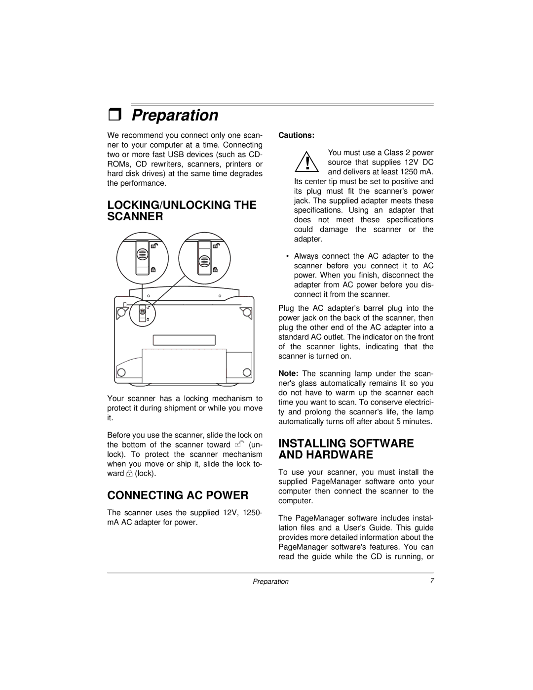 Radio Shack 25-3053 Preparation, LOCKING/UNLOCKING the Scanner, Connecting AC Power, Installing Software and Hardware 