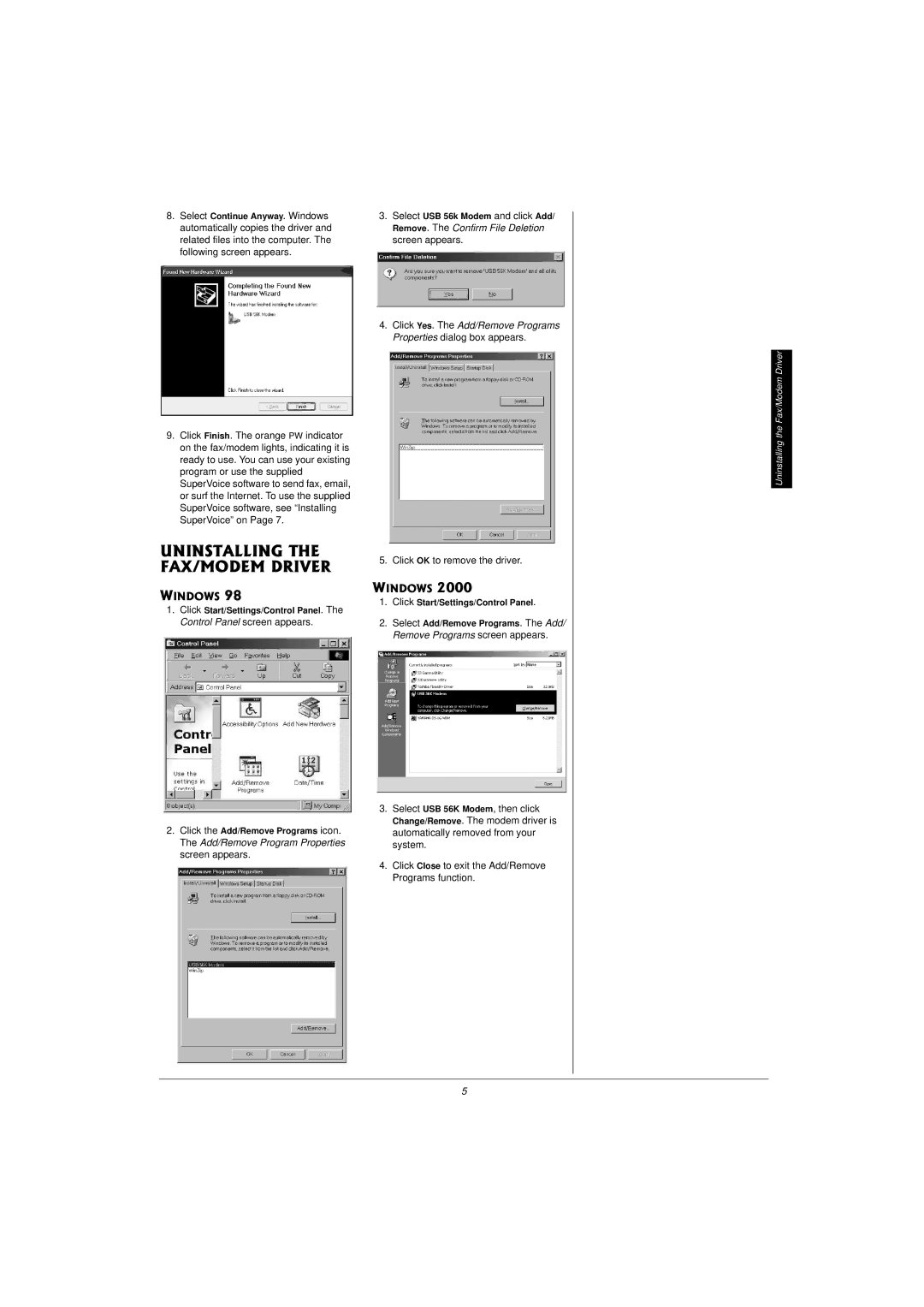 Radio Shack 25-3090 owner manual 70+056#..+06* #1/1&/&4+84, Control Panel screen appears, Click OK to remove the driver 