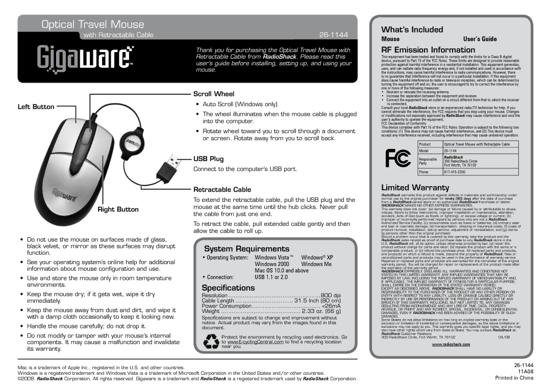 Radio Shack 26-1144 specifications What’s Included, RF Emission Information, System Requirements, Specifications 