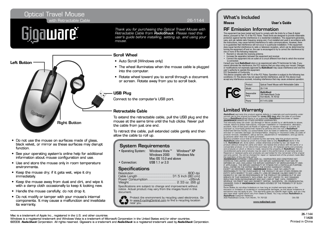 Radio Shack 26-1144 specifications Optical Travel Mouse, What’s Included, RF Emission Information, System Requirements 