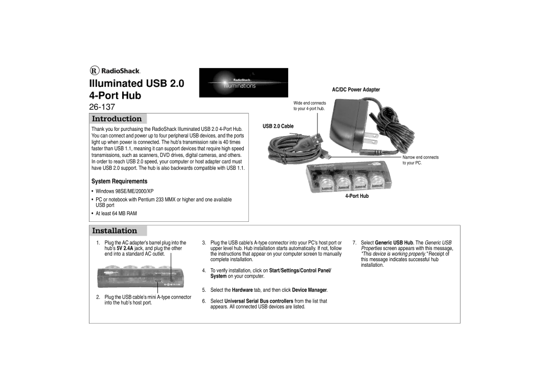 Radio Shack 26-137 manual Introduction, Installation, System Requirements 