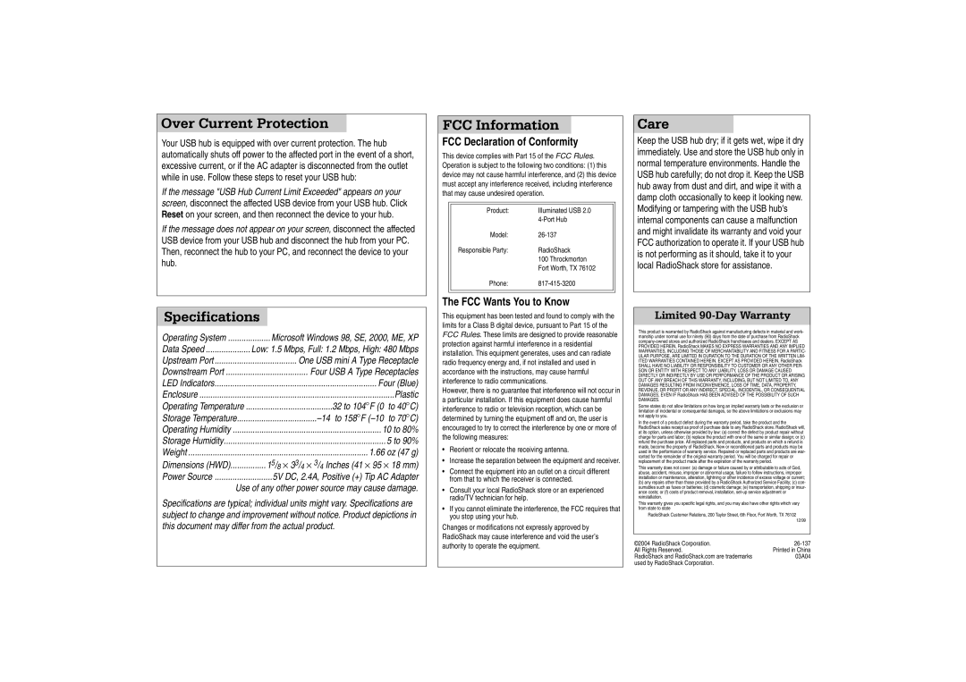 Radio Shack 26-137 manual Over Current Protection, Specifications, FCC Information, Care 