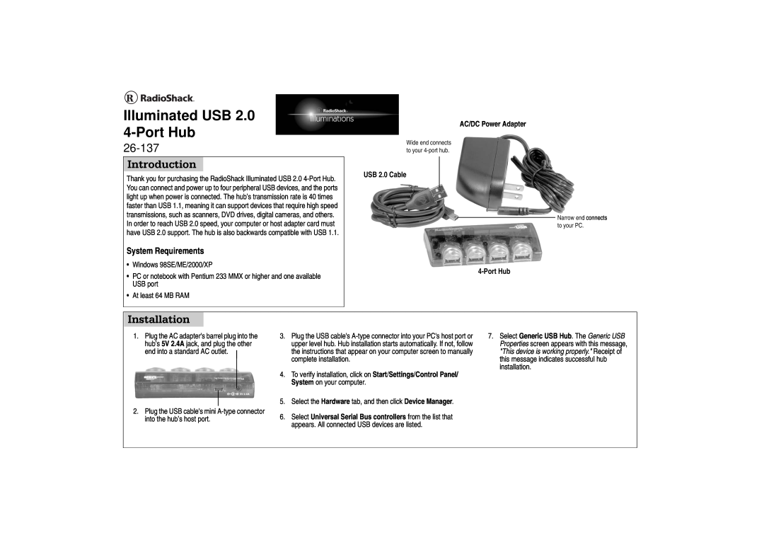 Radio Shack 26-137 manual Introduction, Installation, System Requirements, Illuminated USB 4-Port Hub, AC/DC Power Adapter 