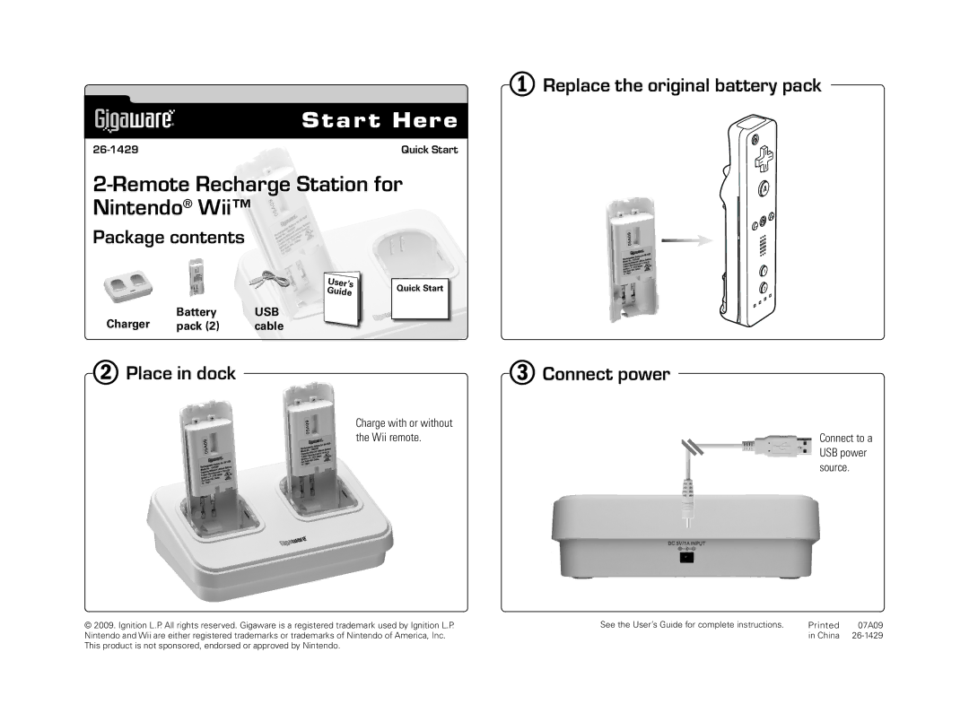 Radio Shack 26-1429 quick start Start Here, Remote Recharge Station for Nintendo Wii 