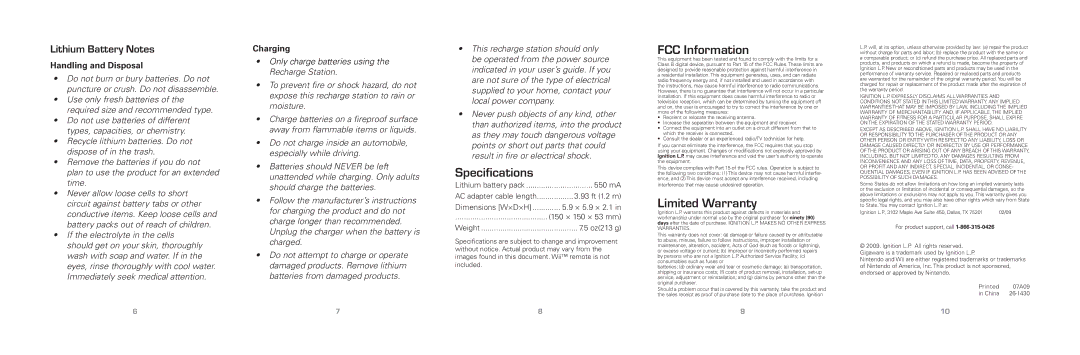 Radio Shack 26-1430 quick start Specifications, FCC Information, Limited Warranty, Handling and Disposal, Charging 