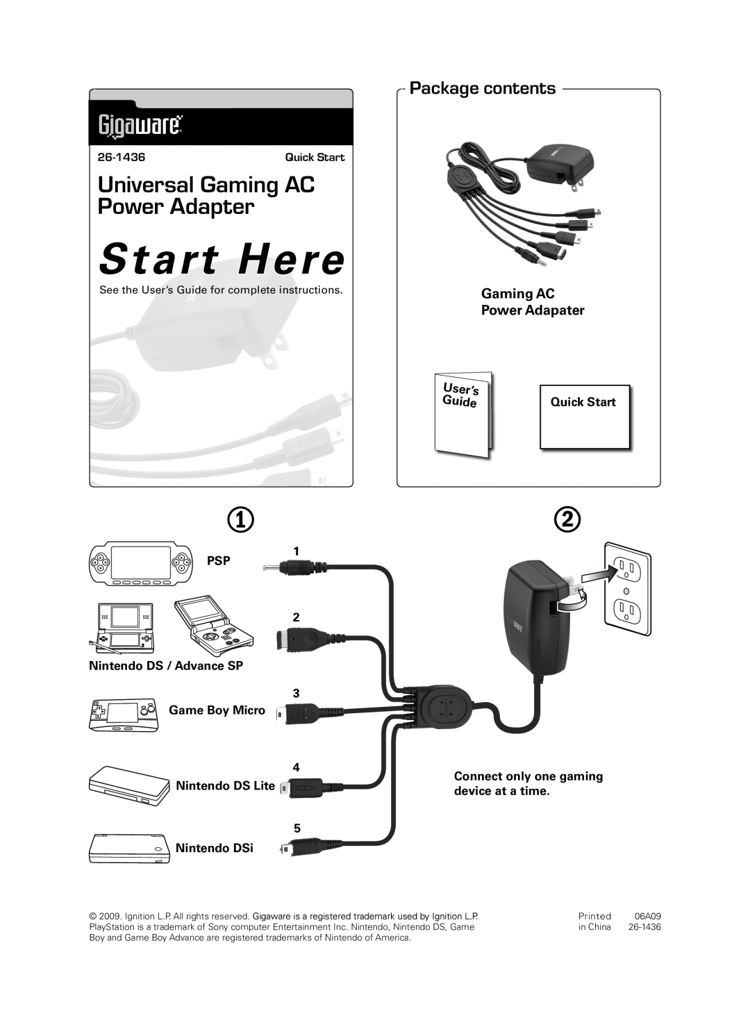 Radio Shack 26-1436 quick start Start Here, Universal Gaming AC Power Adapter, Package contents, Gaming AC Power Adapater 