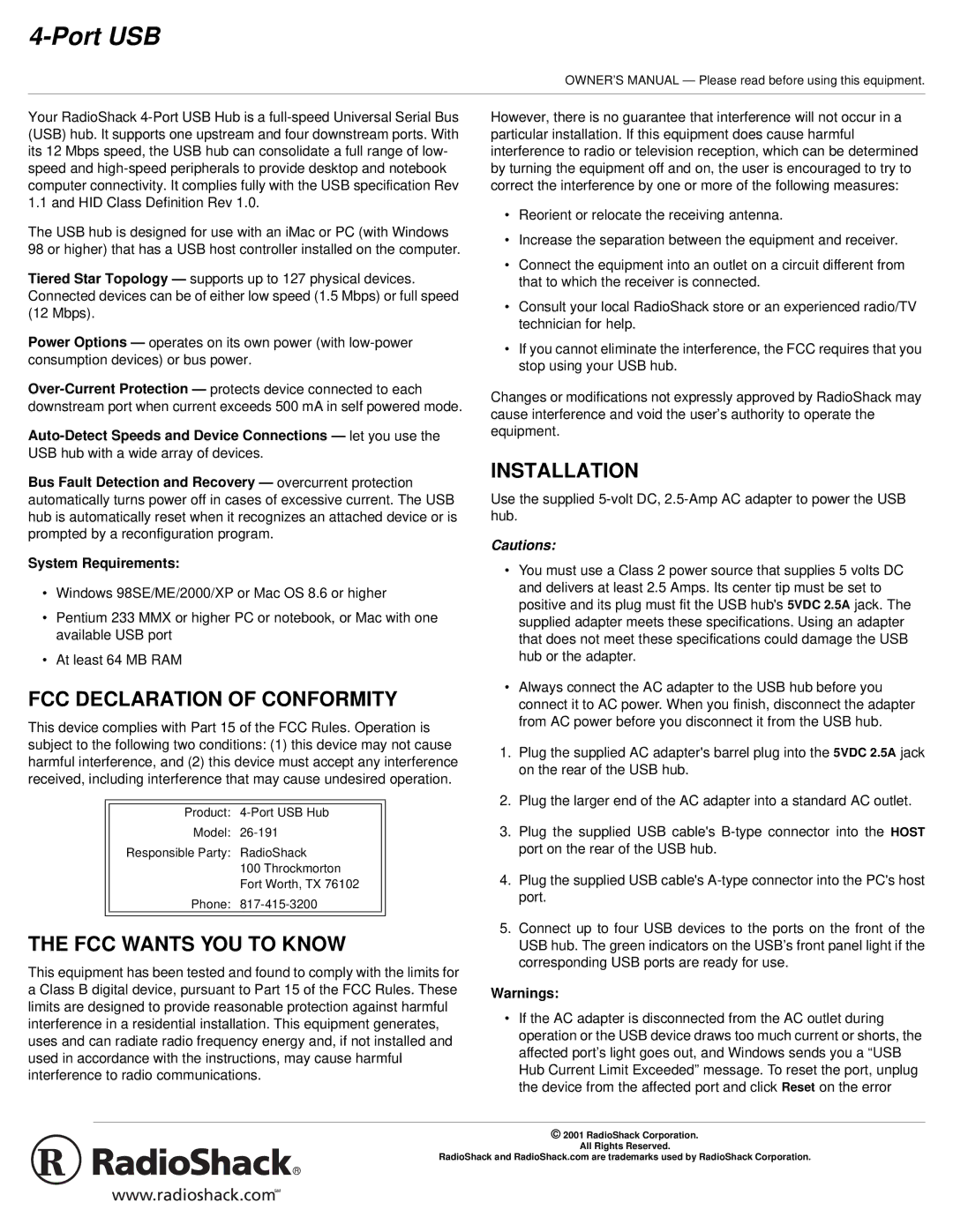 Radio Shack 26-191 owner manual FCC Declaration of Conformity, FCC Wants YOU to Know, Installation 