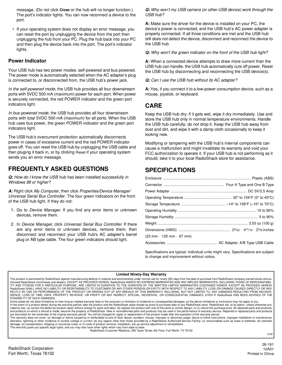 Radio Shack 26-191 owner manual Care, Frequently Asked Questions, Specifications 