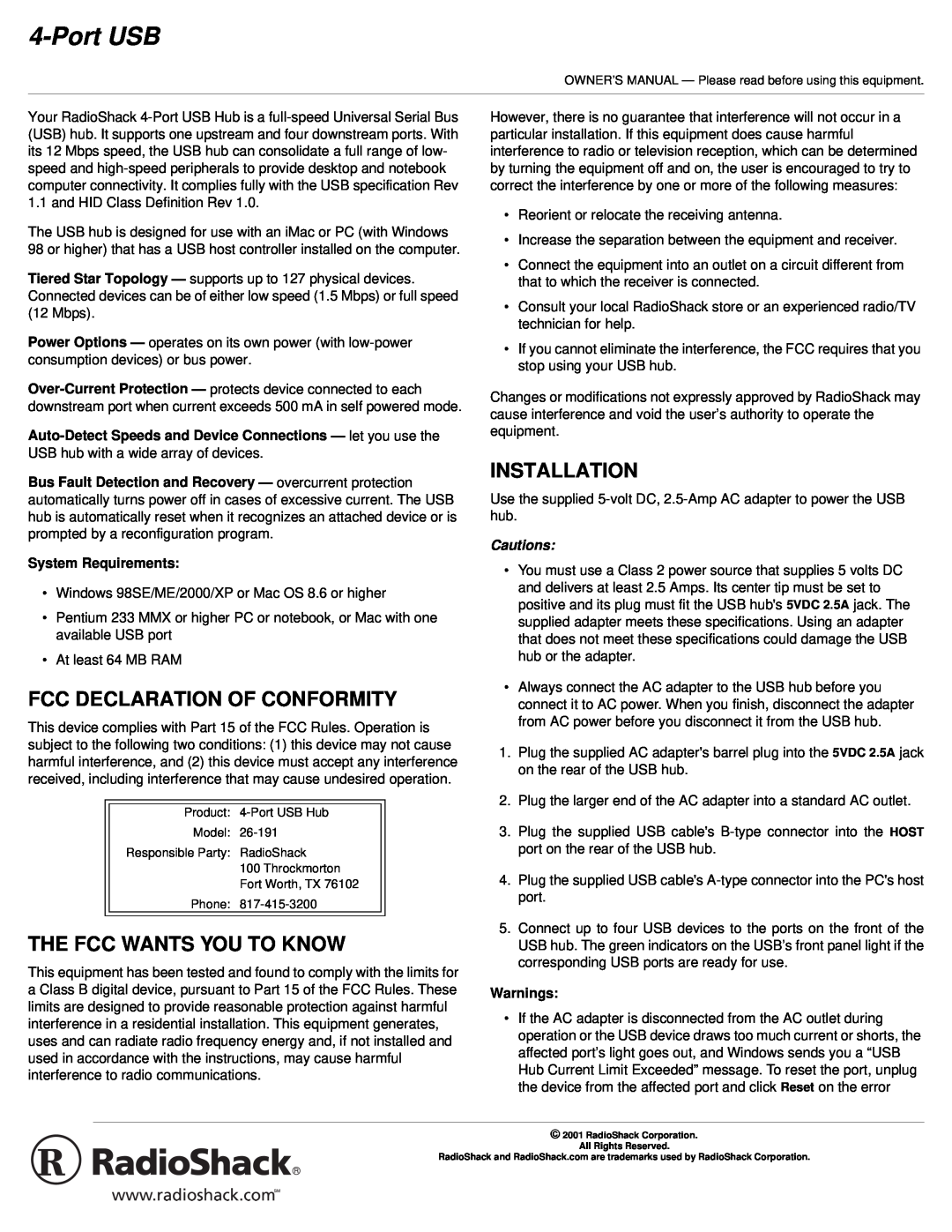 Radio Shack 26-191 owner manual Fcc Declaration Of Conformity, The Fcc Wants You To Know, Installation, Port USB, Cautions 