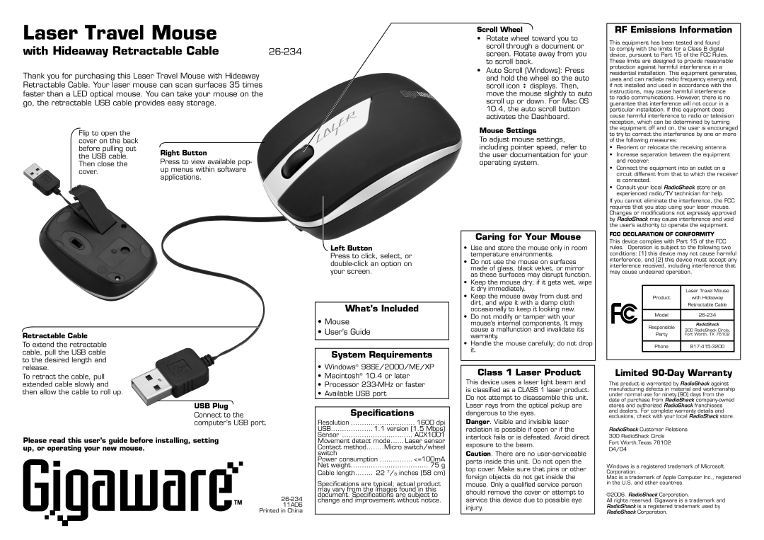 Radio Shack 26-234 warranty Laser Travel Mouse, with Hideaway Retractable Cable, RF Emissions Information, What’s Included 