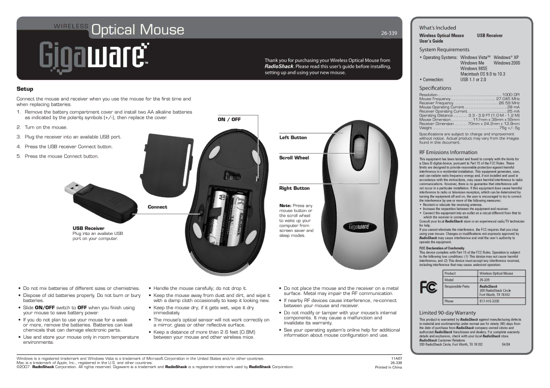 Radio Shack 26-339 specifications R E L E S S Optical Mouse, What’s Included, System Requirements, Specifications 