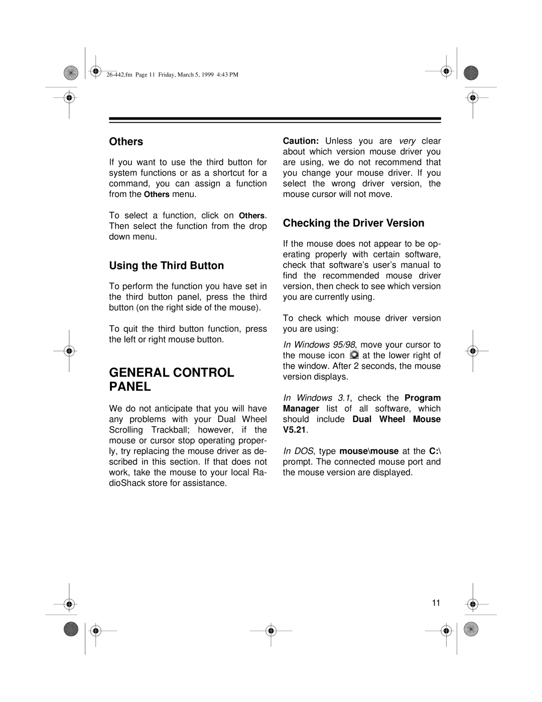 Radio Shack 26-442 owner manual General Control Panel, Others, Using the Third Button, Checking the Driver Version 