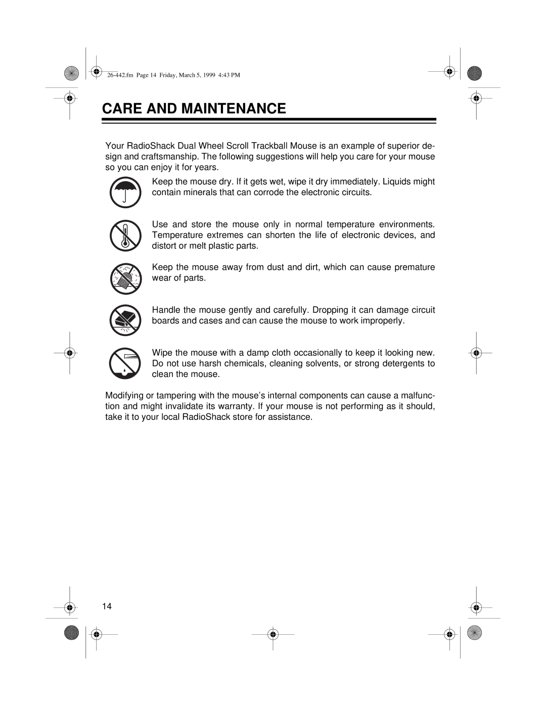 Radio Shack 26-442 owner manual Care and Maintenance 