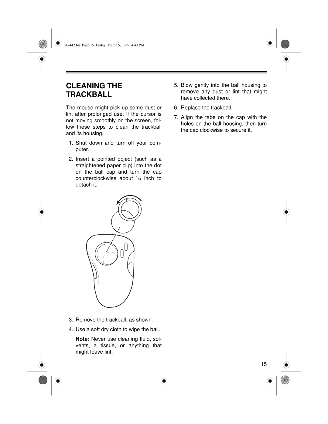 Radio Shack 26-442 owner manual Cleaning Trackball 