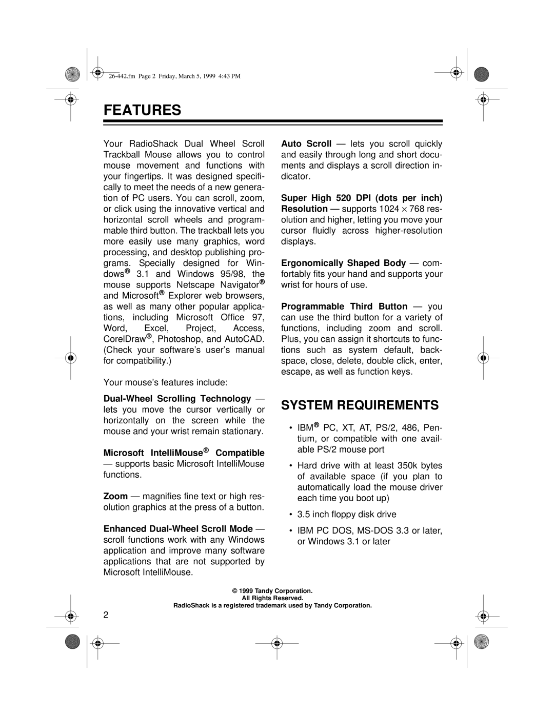 Radio Shack 26-442 owner manual Features, System Requirements 