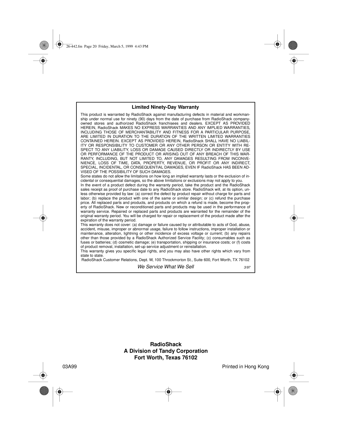 Radio Shack 26-442 owner manual RadioShack Division of Tandy Corporation Fort Worth, Texas 