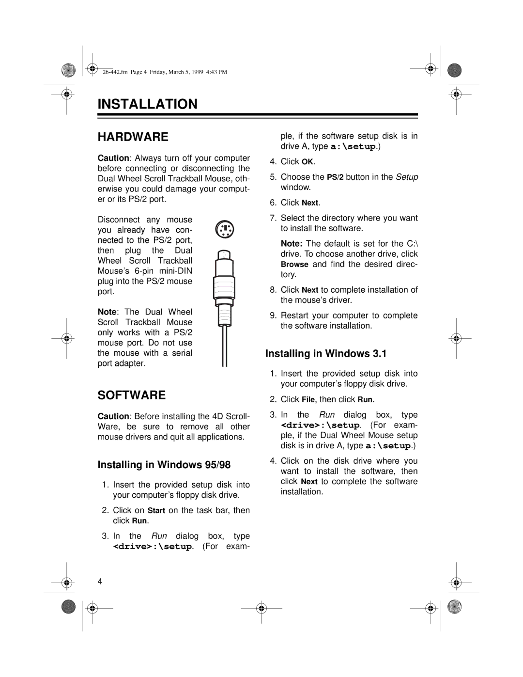 Radio Shack 26-442 owner manual Installation, Hardware, Software, Installing in Windows 95/98 