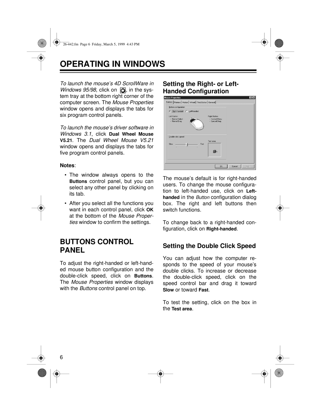 Radio Shack 26-442 Operating in Windows, Buttons Control Panel, Setting the Right- or Left- Handed Configuration 