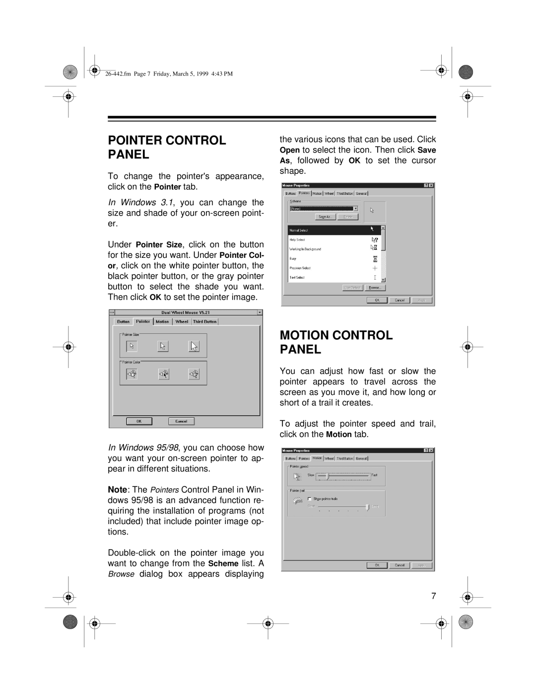 Radio Shack 26-442 owner manual Pointer Control Panel, Motion Control Panel 