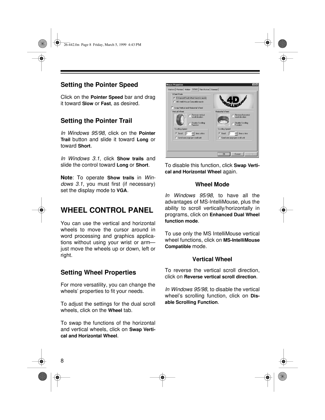 Radio Shack 26-442 Wheel Control Panel, Setting the Pointer Speed, Setting the Pointer Trail, Setting Wheel Properties 