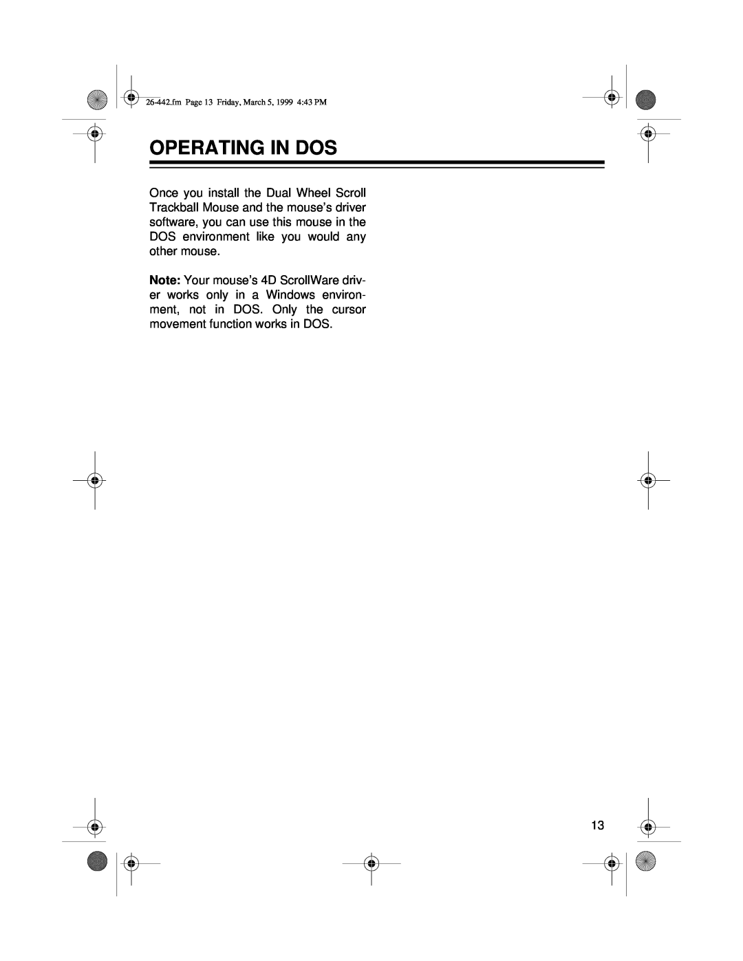 Radio Shack 26-442 owner manual Operating In Dos, fm Page 13 Friday, March 5, 1999 443 PM 