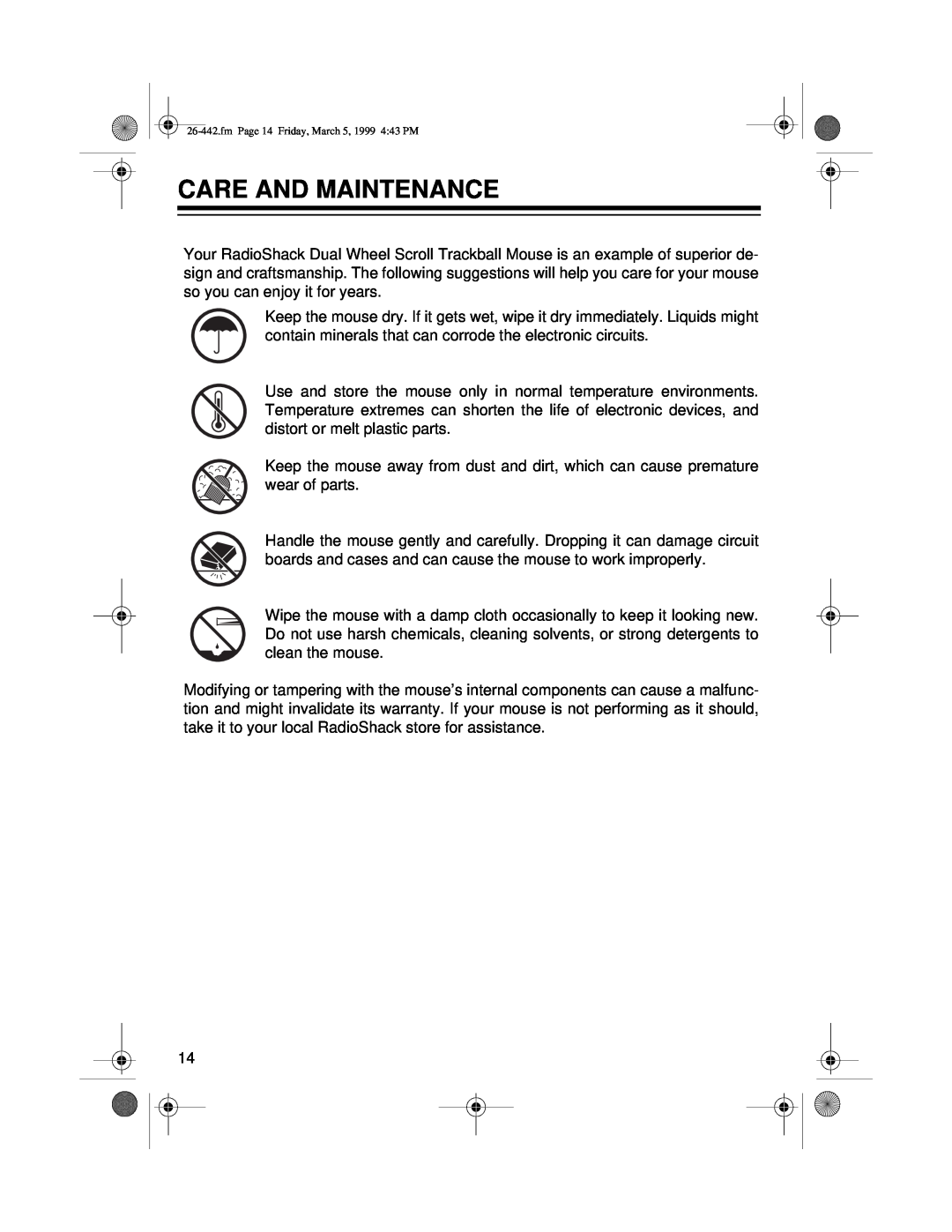 Radio Shack 26-442 owner manual Care And Maintenance, fm Page 14 Friday, March 5, 1999 443 PM 