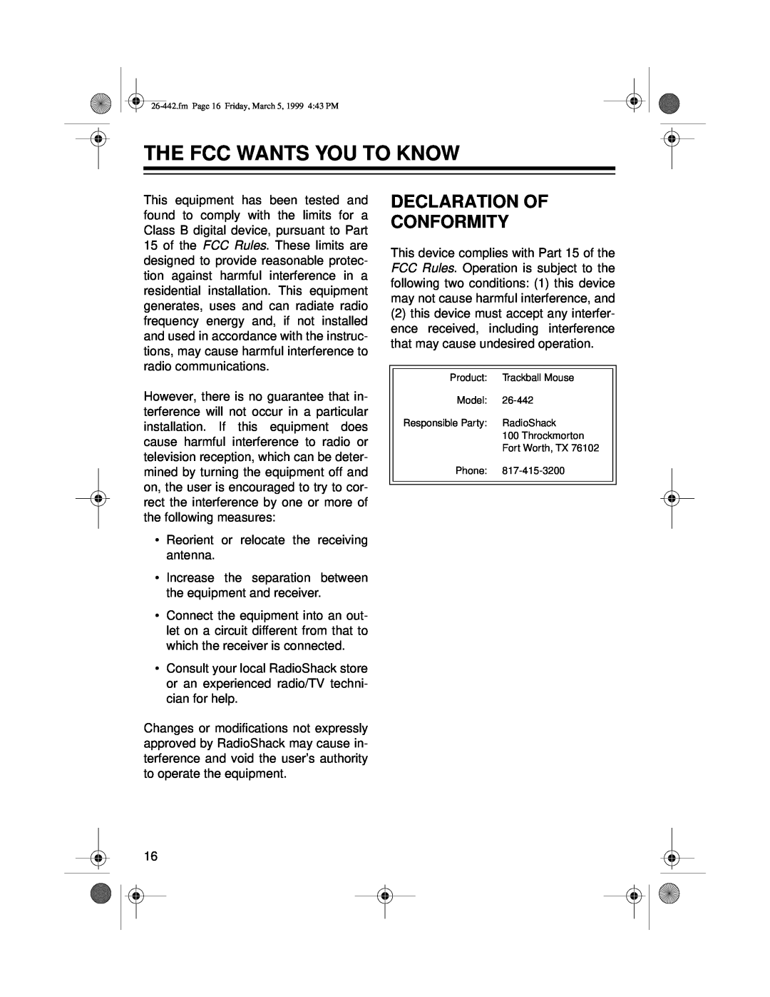 Radio Shack 26-442 owner manual The Fcc Wants You To Know, Declaration Of Conformity 
