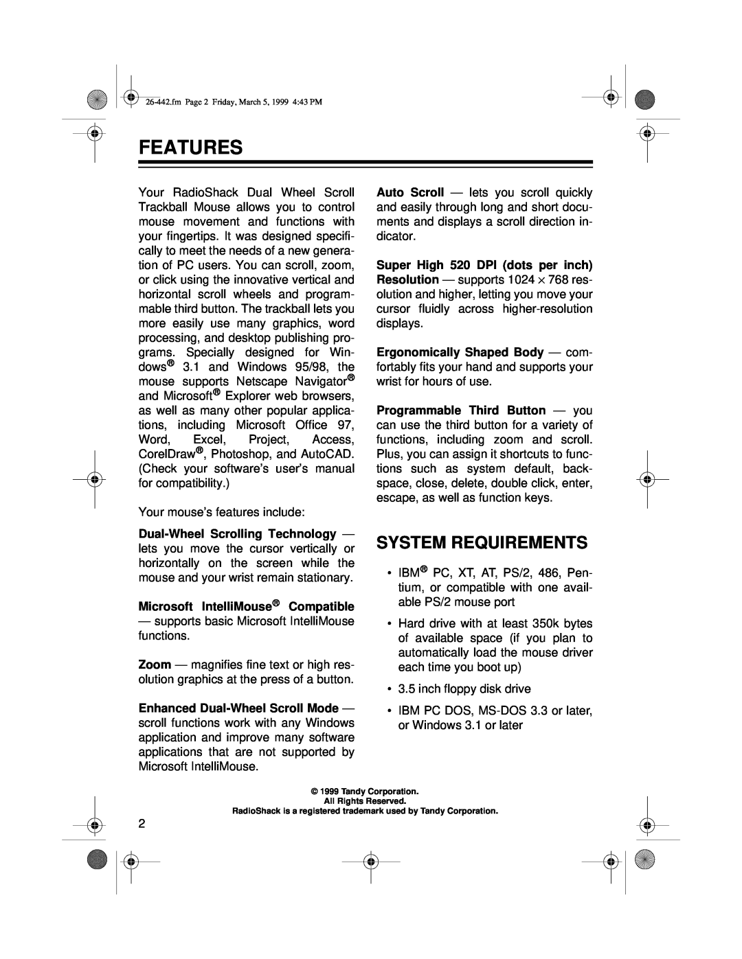 Radio Shack 26-442 owner manual Features, System Requirements 