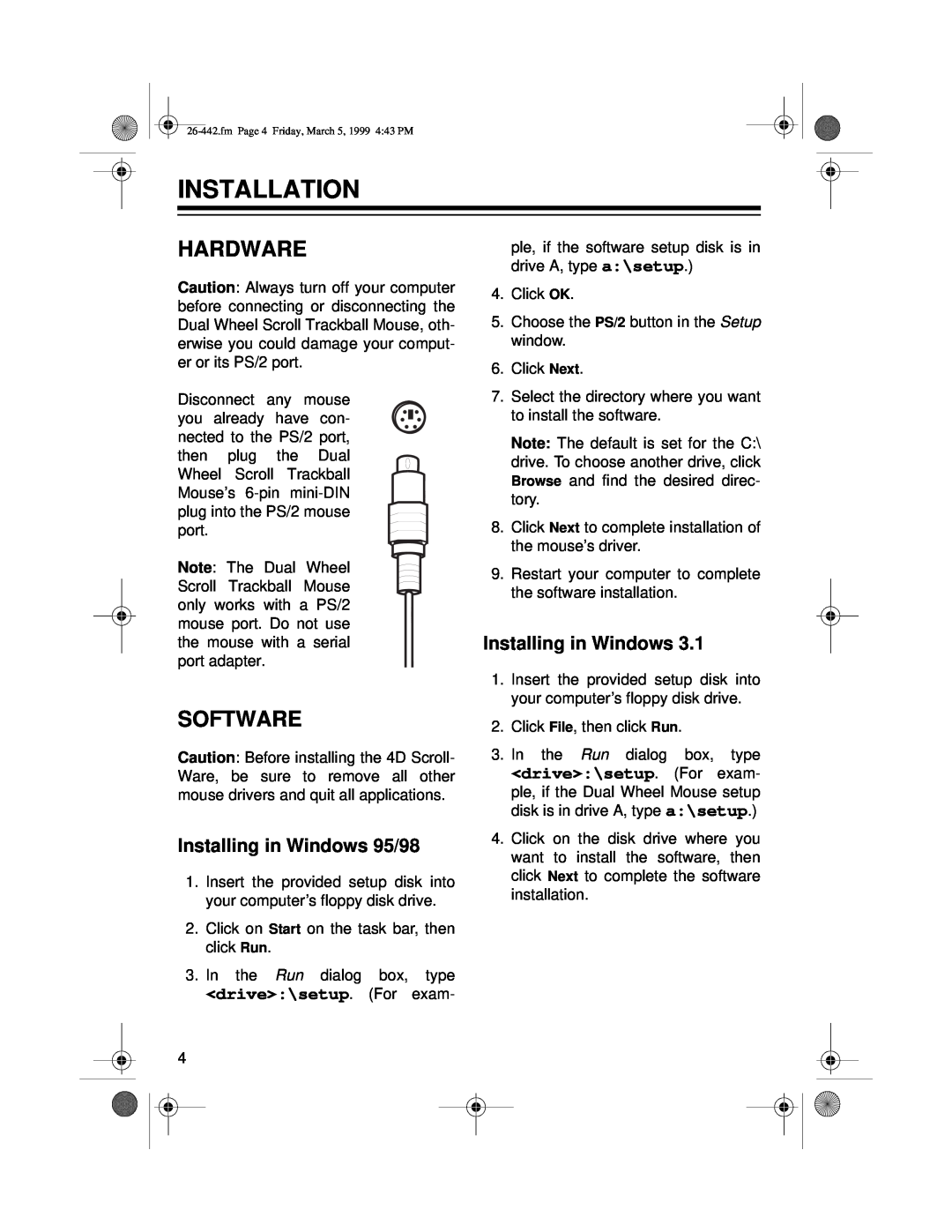 Radio Shack 26-442 owner manual Installation, Hardware, Software, Installing in Windows 95/98, drive\setup. For exam 