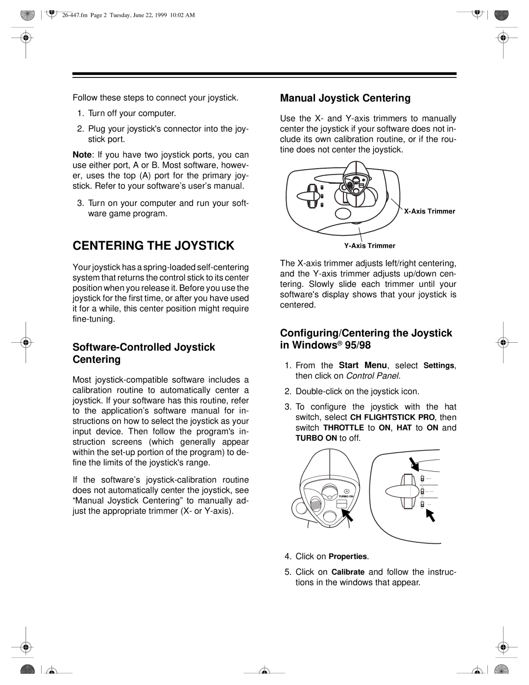 Radio Shack 26-447 manual Centering the Joystick, Software-Controlled Joystick Centering, Manual Joystick Centering 