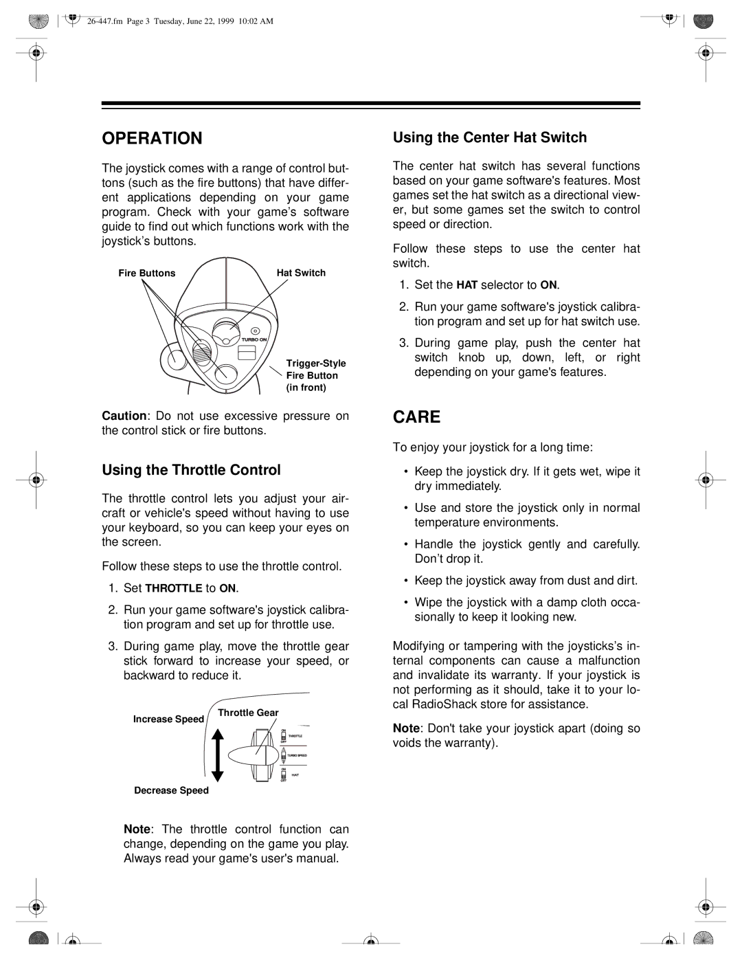 Radio Shack 26-447 manual Operation, Care, Using the Throttle Control, Using the Center Hat Switch 