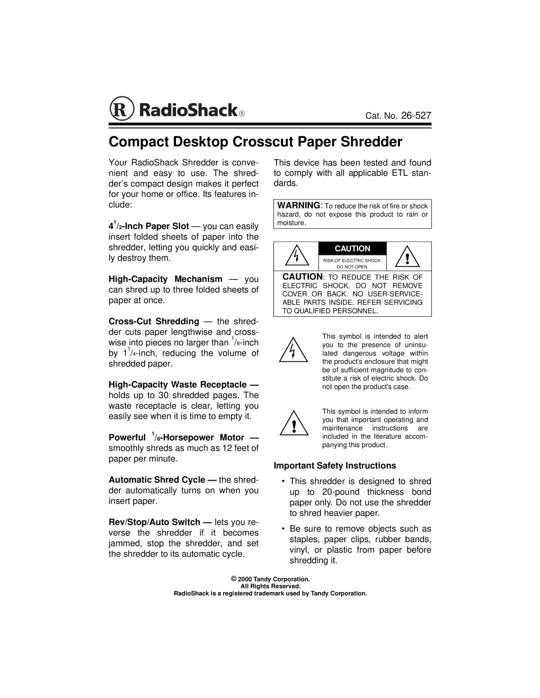 Radio Shack 26-527 important safety instructions Compact Desktop Crosscut Paper Shredder 