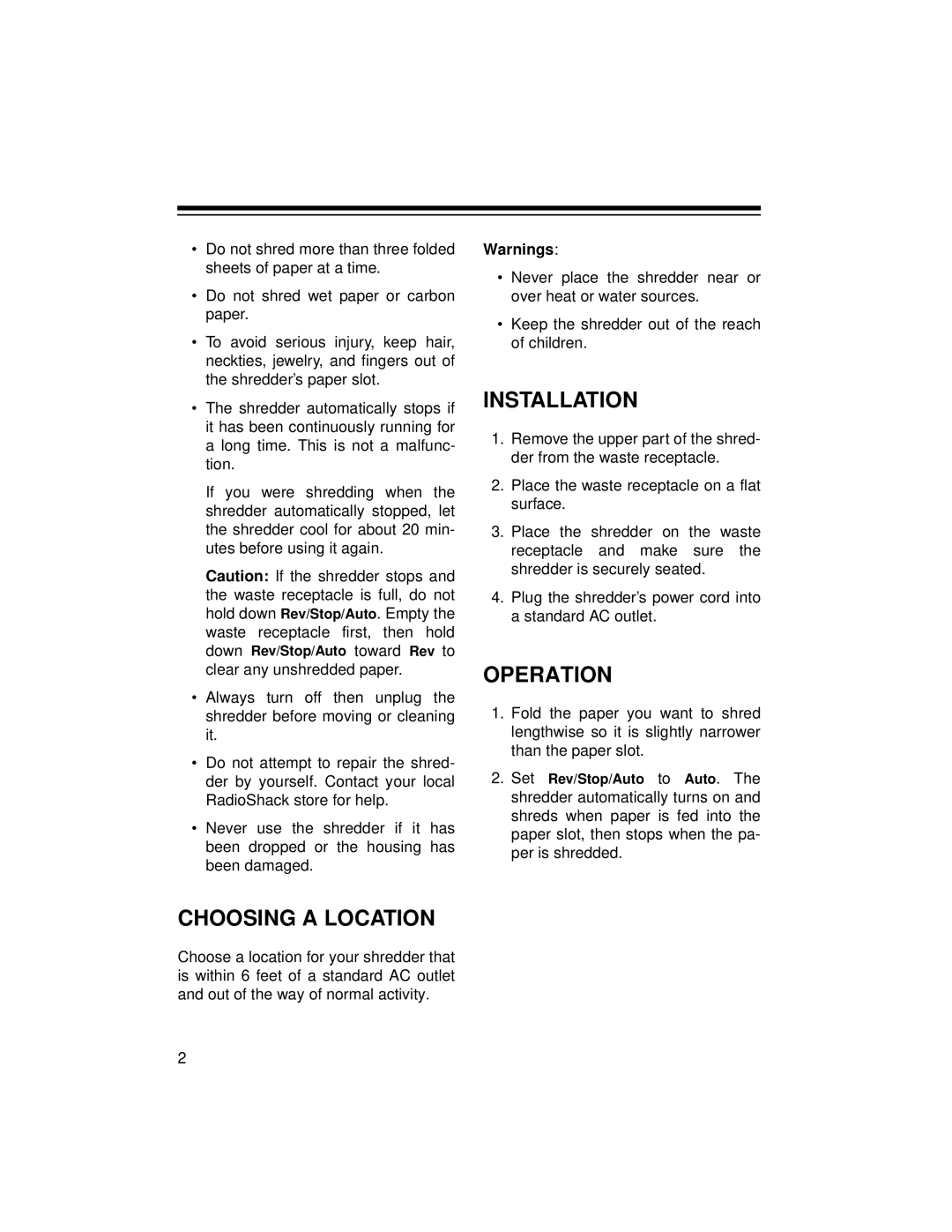 Radio Shack 26-527 important safety instructions Choosing a Location, Installation, Operation 