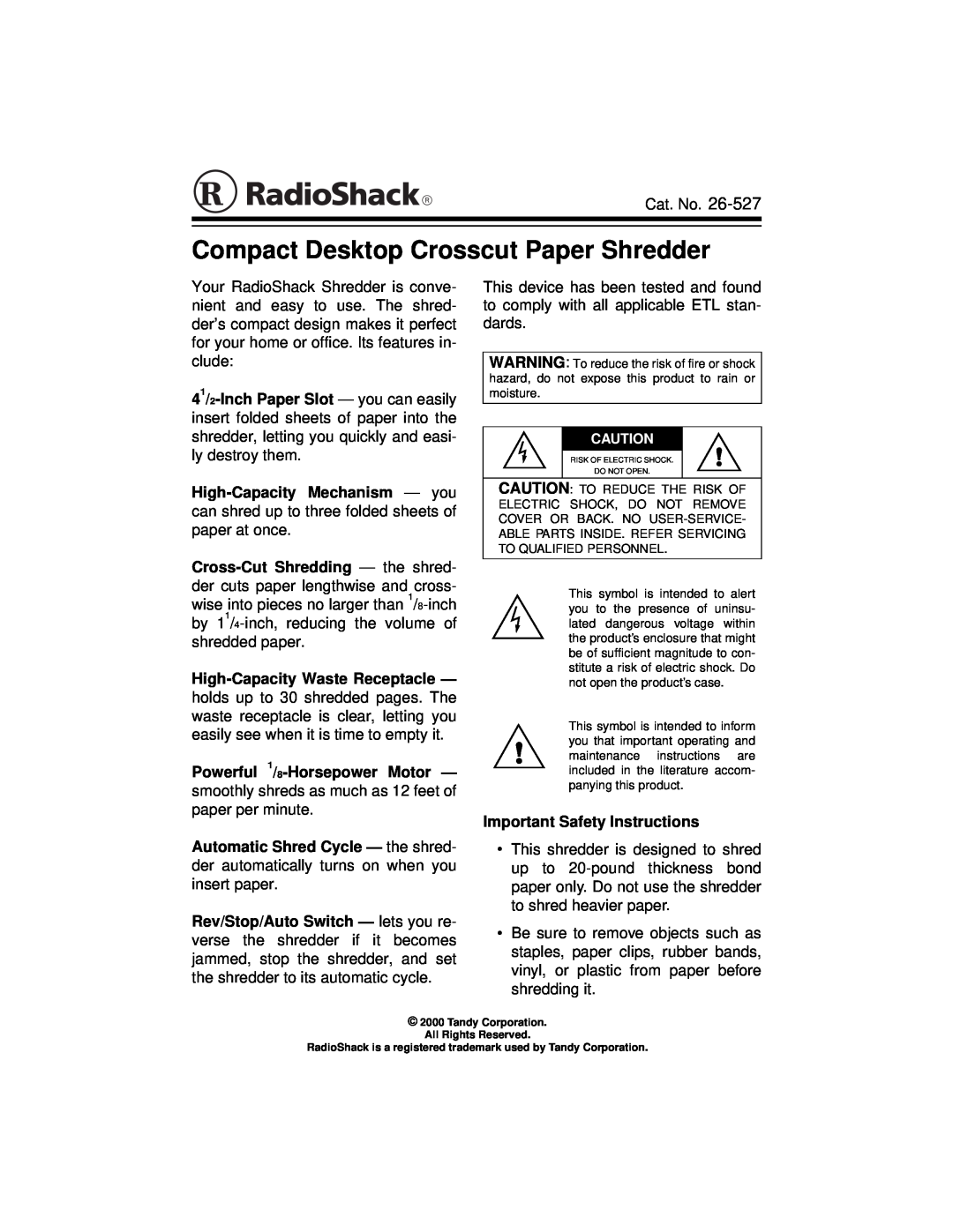 Radio Shack 26-527 important safety instructions Compact Desktop Crosscut Paper Shredder 