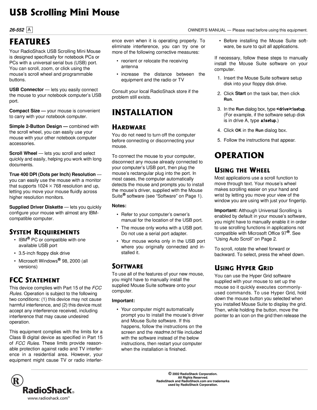 Radio Shack 26-552 A owner manual #6745, +056#..#6+10, 124#6+10 