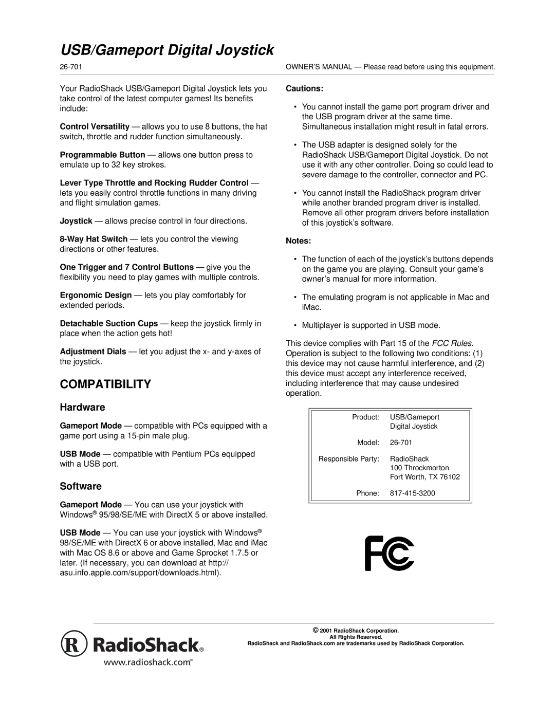 Radio Shack 26-701 owner manual Compatibility, Lever Type Throttle and Rocking Rudder Control 