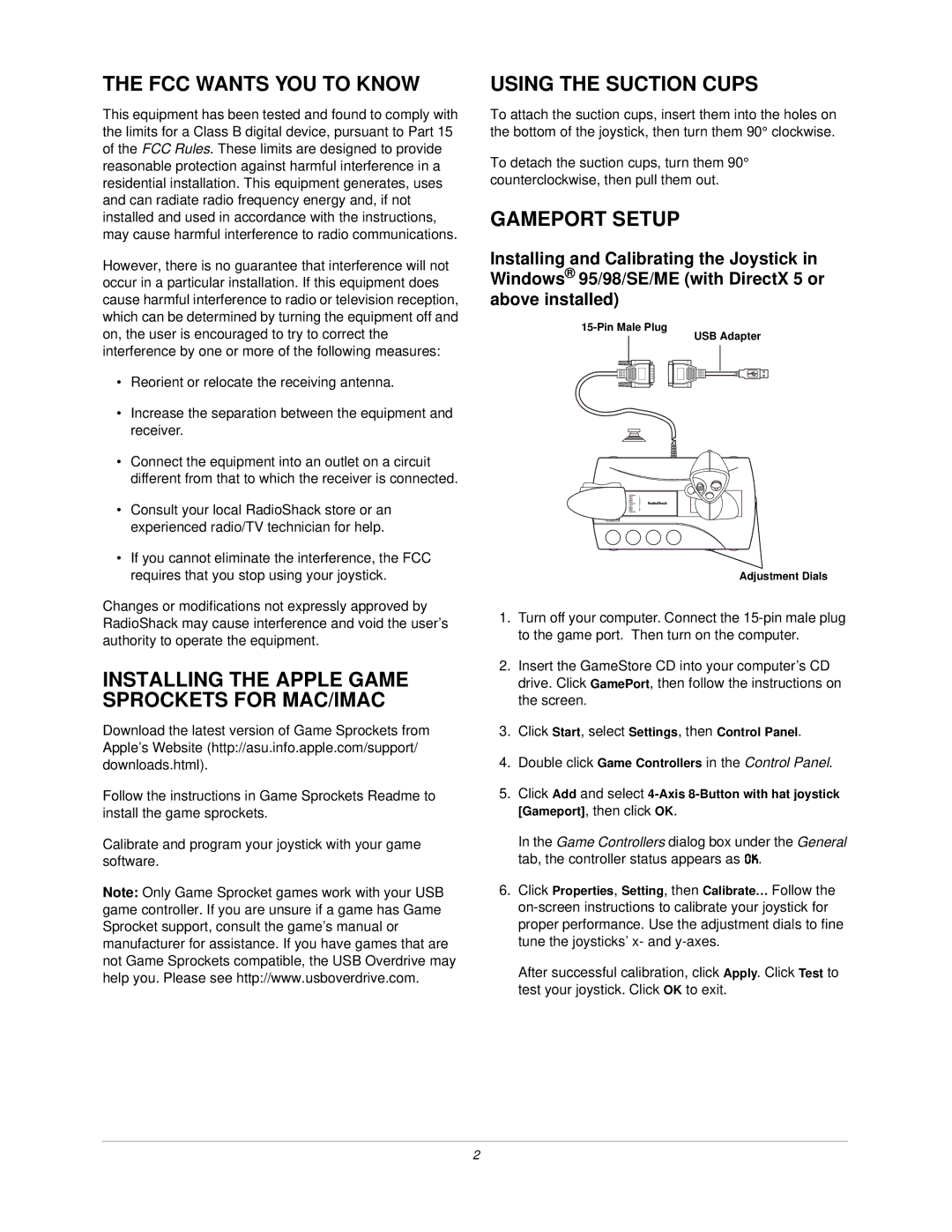 Radio Shack 26-701 FCC Wants YOU to Know, Installing the Apple Game Sprockets for MAC/IMAC, Using the Suction Cups 