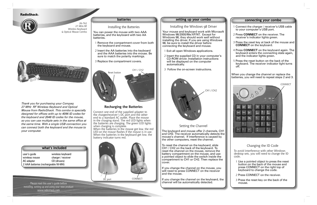 Radio Shack 26-762 installation instructions Installing the Batteries, Installing the Windows 98 Driver 