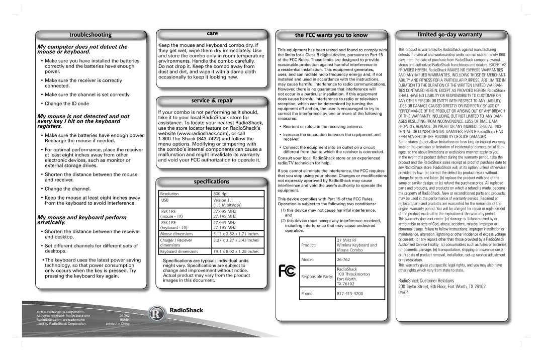 Radio Shack 26-762 My computer does not detect the mouse or keyboard, My mouse and keyboard perform erratically 