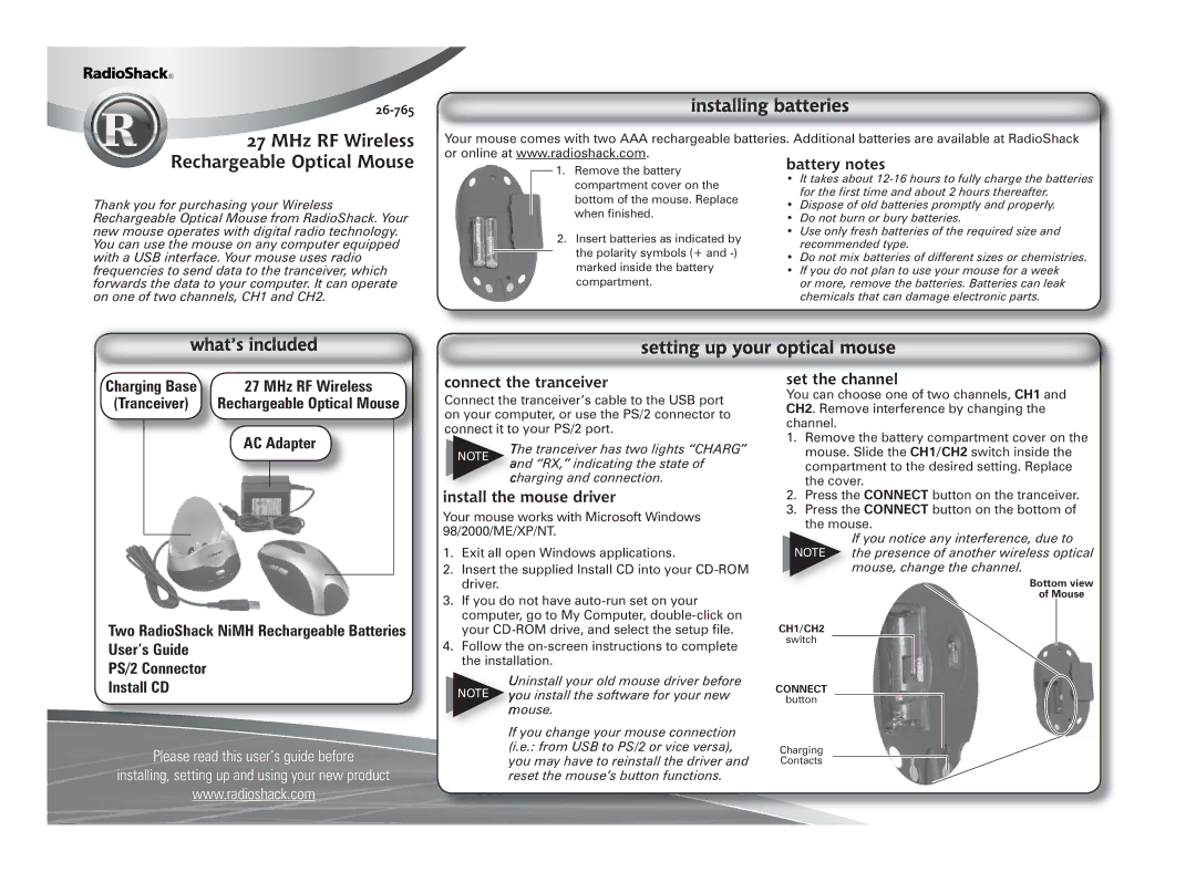 Radio Shack 27 MHz RF Wireless Rechargeable Optical Mouse manual AC Adapter, User’s Guide PS/2 Connector Install CD 