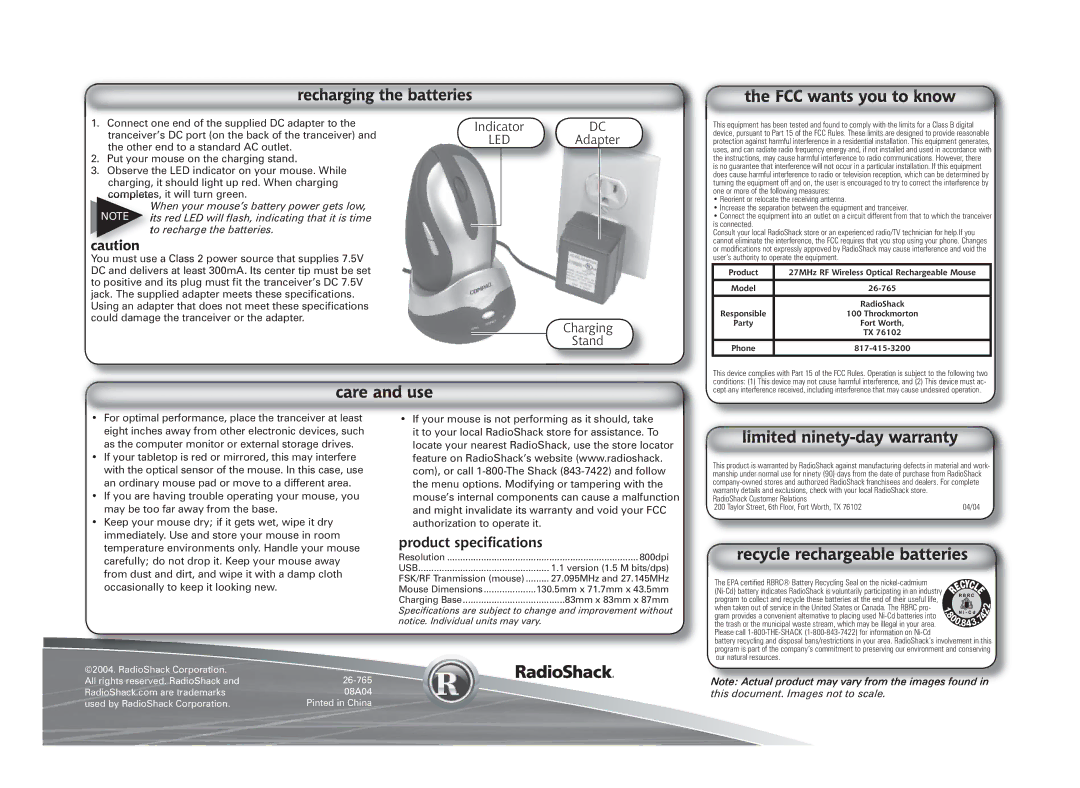 Radio Shack 26-765, 27 MHz RF Wireless Rechargeable Optical Mouse manual Product speciﬁcations 