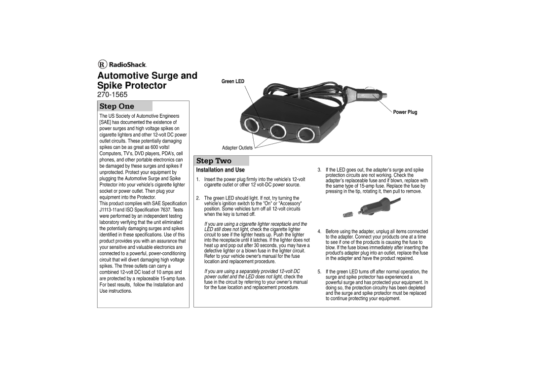 Radio Shack 270-1565 specifications Automotive Surge and Spike Protector, Step One, Step Two, Installation and Use 