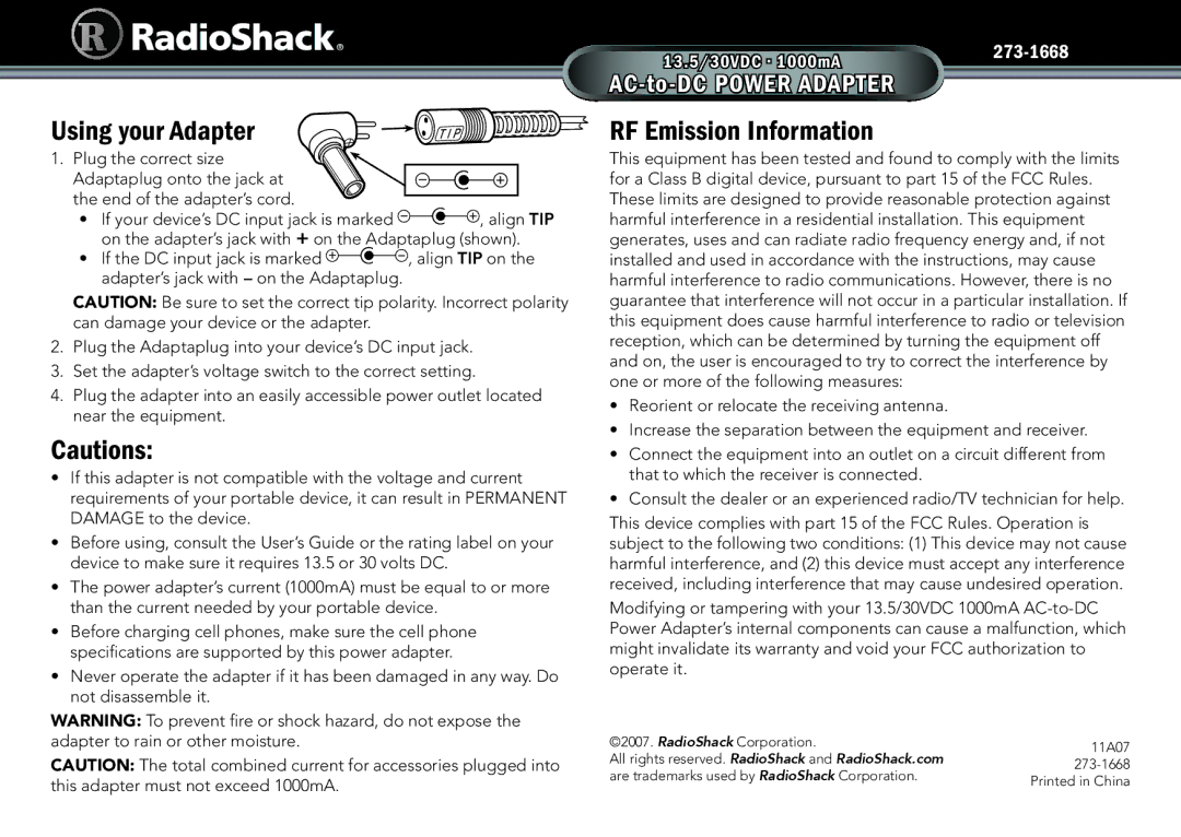 Radio Shack 273-1668 warranty Using your Adapter, RF Emission Information 