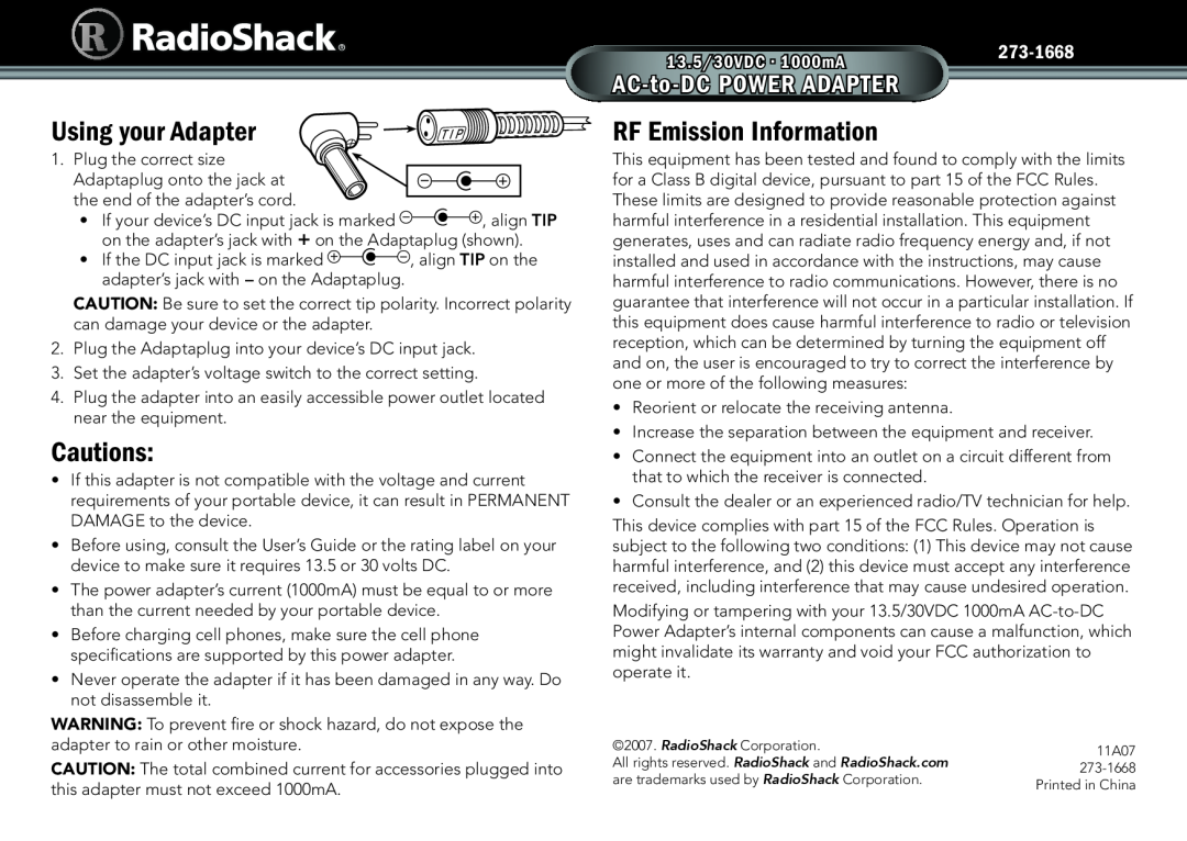 Radio Shack 273-1668 warranty Using your Adapter, Cautions, RF Emission Information, AC-to-DC POWER ADAPTER 