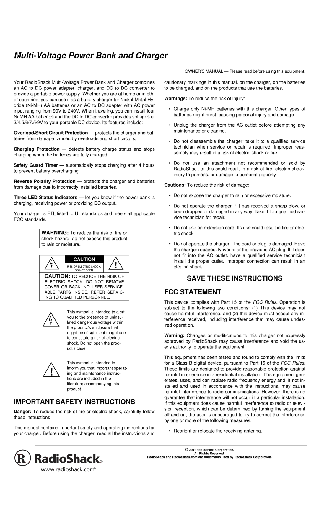 Radio Shack 08A01, 273-1900, 0904-205-01502A important safety instructions Important Safety Instructions, FCC Statement 