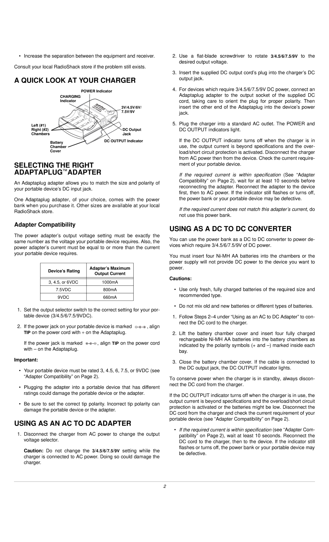 Radio Shack 0904-205-01502A, 273-1900, 08A01 Quick Look AT Your Charger, Selecting the Right Adaptaplug Adapter 